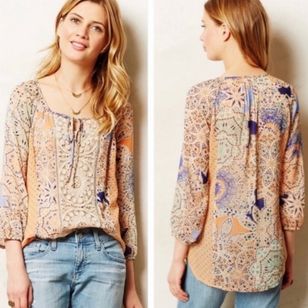 Anthropologie Meadow Rue Roselle Crochet Top Blouse Boho Peasant S Small